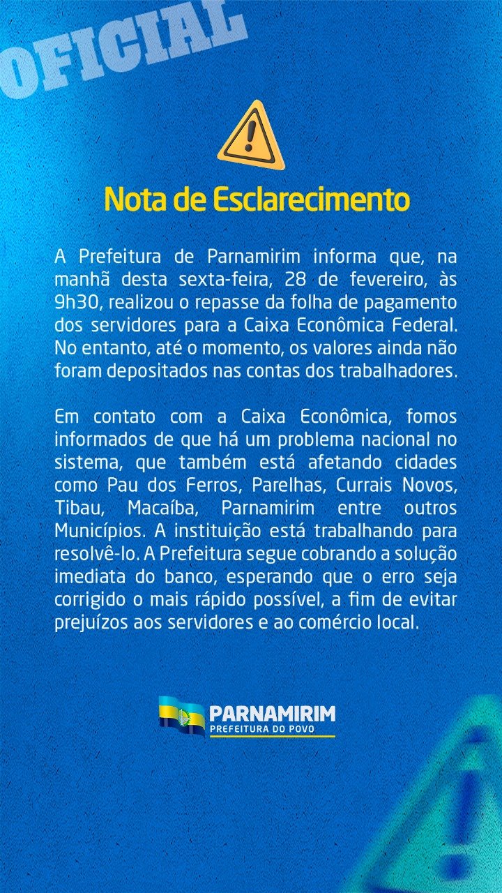 Prefeitura de Parnamirim emite nota oficial sobre o repasse da folha de pagamento na data de hoje (28)