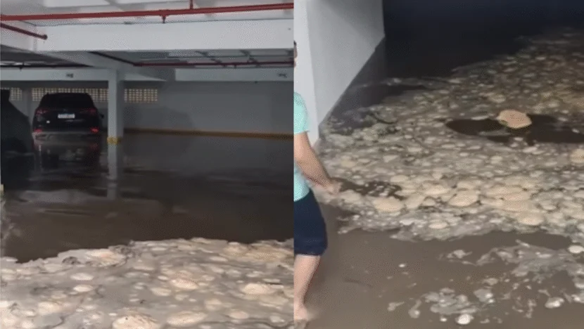 Moradores ficam com carros inundados em garagem de condomínio em Natal