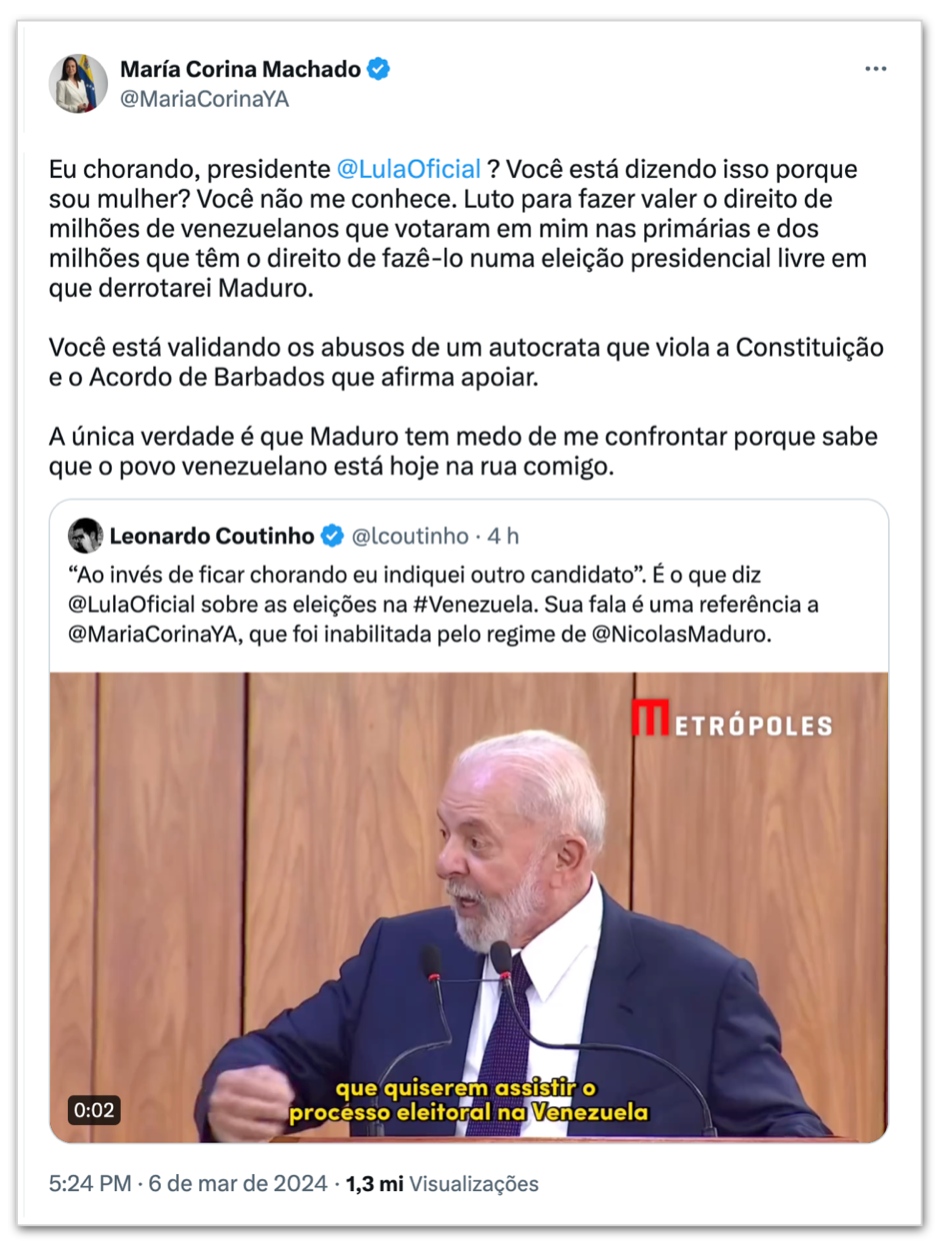 Lula já disse que María Corina, Nobel da Paz 2025, não devia “ficar chorando”, quando foi impedida pelo regime de Nicolás Maduro de disputar as eleições na Venezuela