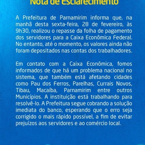 Prefeitura de Parnamirim emite nota oficial sobre o repasse da folha de pagamento na data de hoje (28)